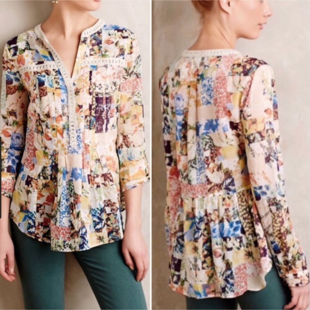 Maeve Anthropologie Abella Boho Blouse Floral Patchwork Embroidered Button Top 0